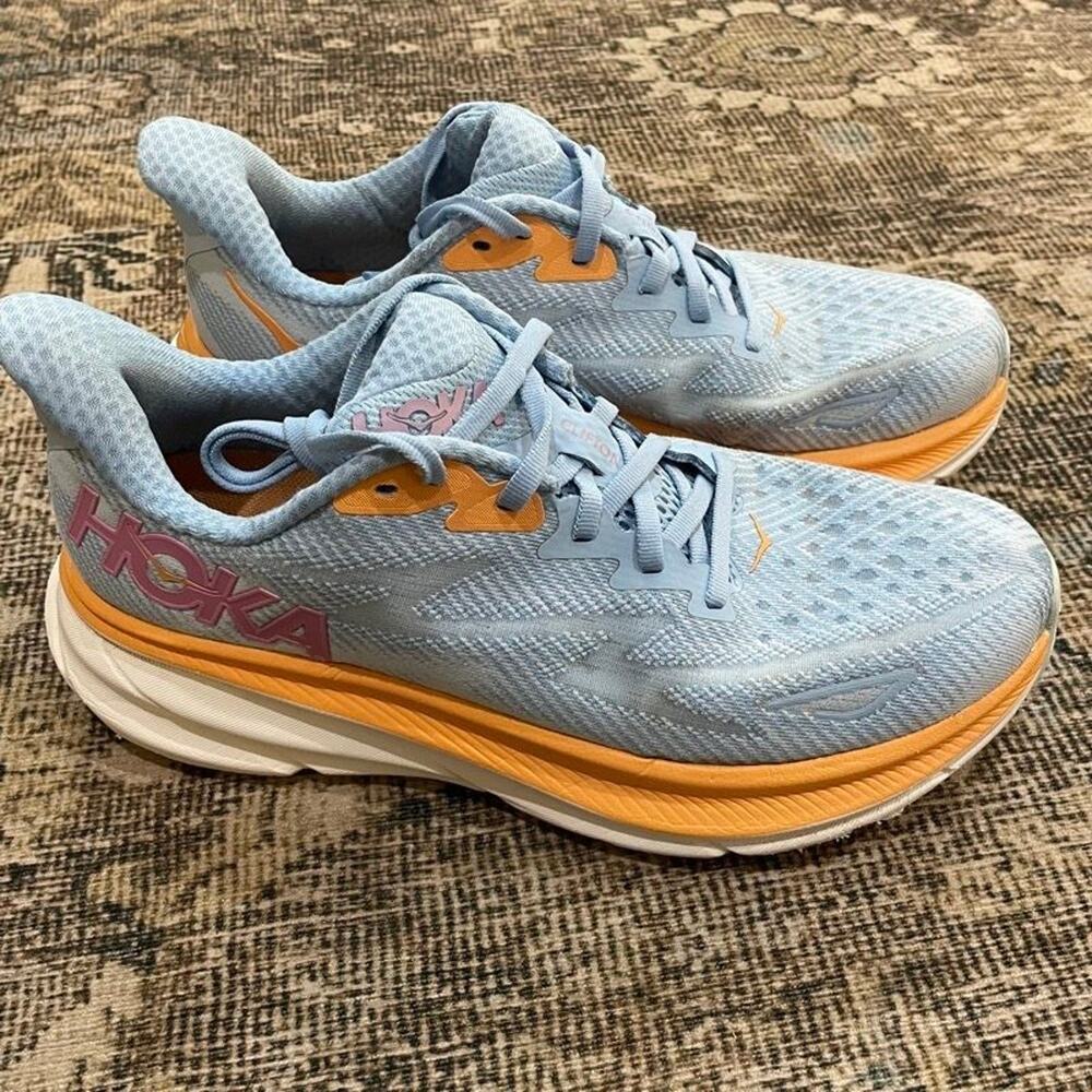 HOKA Clifton 9 Womens 7.5 B Running Shoes Blue Orange Pink Cushioned Sneakers